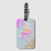 Cute Mint Unicorn Animal print glitter monogram Bagagelabel (Voorkant (verticaal))