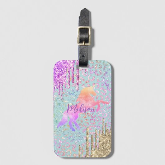 Cute Mint Unicorn Animal print glitter monogram Bagagelabel (Voorkant (verticaal))