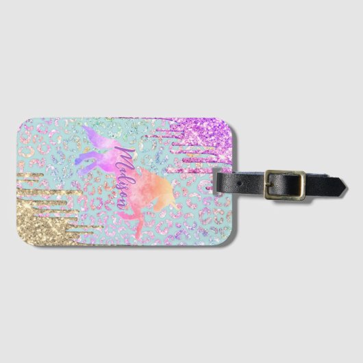 Cute Mint Unicorn Animal print glitter monogram Bagagelabel (Voorkant (horizontaal))