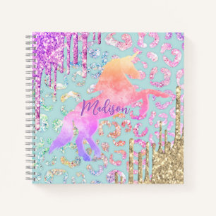 Cute Mint Unicorn Animal print glitter monogram Notitieboek