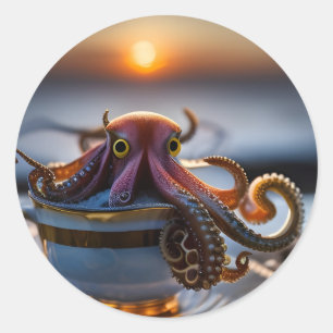 Cute minuscule octopus in een theacup bij zonsopga ronde sticker