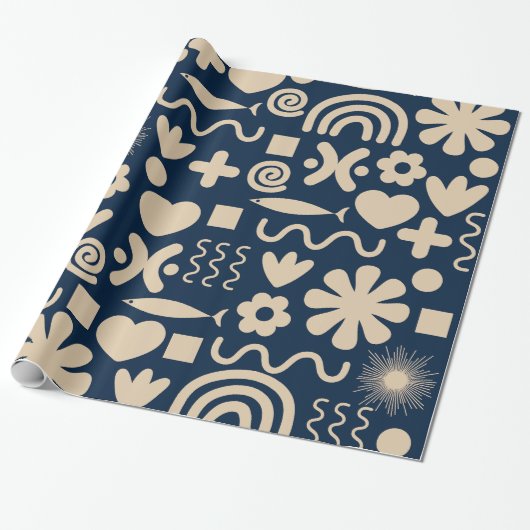 Cute Miscellany Dark Blue Scandi Pattern Cadeaupapier (Uitgerold)