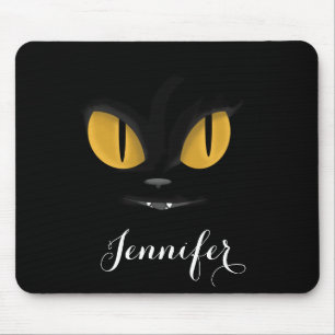 Cute Mischievous Black Cat with Fangs Personated Muismat