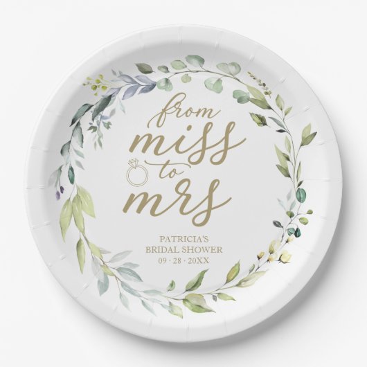 Cute Miss tot mevrouw Greenery Eucalyptus Bruiloft Papieren Bordje (Voorkant)