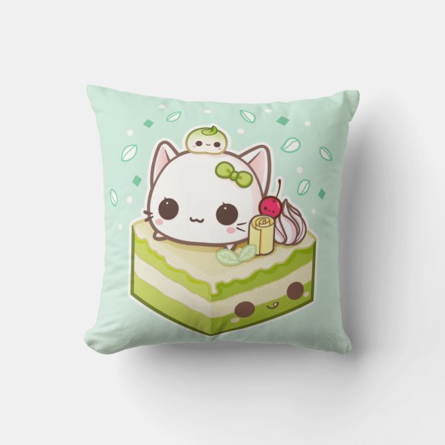 Cute mochi-kat met kawaii-groene theecake kussen (Voorkant)