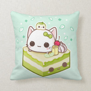 Cute mochi-kat met kawaii-groene theecake kussen