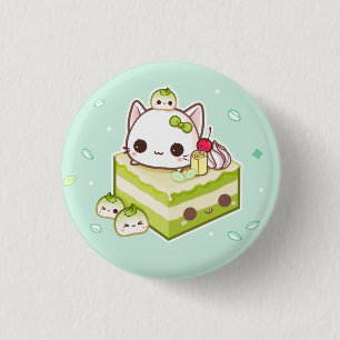Cute mochi-kat met kawaii-groene theecake ronde button 3,2 cm
