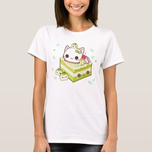 Cute mochi-kat met kawaii-groene theecake t-shirt (Voorkant)