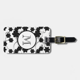 Cute Mod Black Flowers Pattern, Jouw Initiaal Bagagelabel