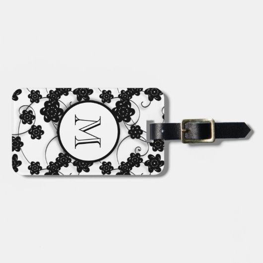 Cute Mod Black Flowers Pattern, Jouw Initiaal Bagagelabel (Voorkant horizontaal)