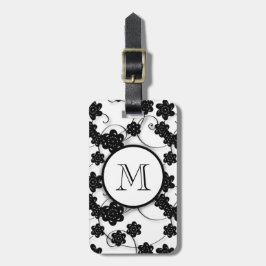 Cute Mod Black Flowers Pattern, Jouw Initiaal Bagagelabel