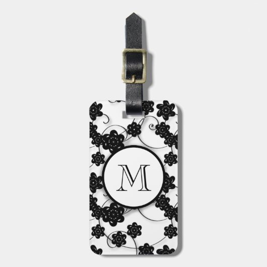 Cute Mod Black Flowers Pattern, Jouw Initiaal Bagagelabel (Voorkant verticaal)