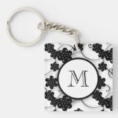 Cute Mod Black Flowers Pattern, Jouw Initiaal Sleutelhanger (voorkant)