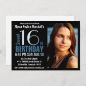 Cute Mod Blue en Black Photo Sweet 16th Party Kaart (Voorkant / Achterkant)