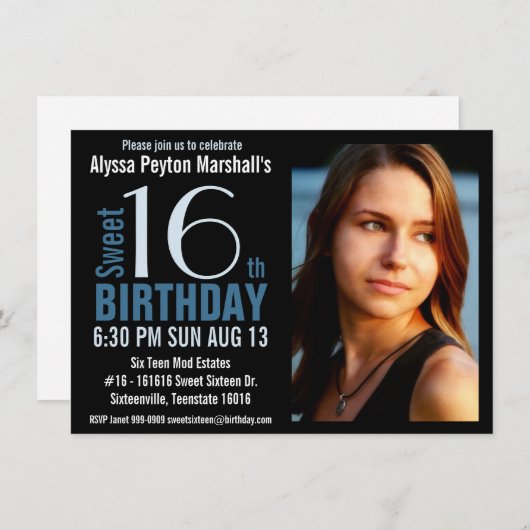 Cute Mod Blue en Black Photo Sweet 16th Party Kaart (Voorkant / Achterkant)