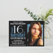 Cute Mod Blue en Black Photo Sweet 16th Party Kaart (Staand voorkant)