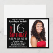Cute Mod Red en Black Photo Sweet 16th Party Kaart (Voorkant / Achterkant)