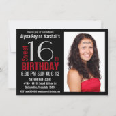 Cute Mod Red en Black Photo Sweet 16th Party Kaart (Voorkant)