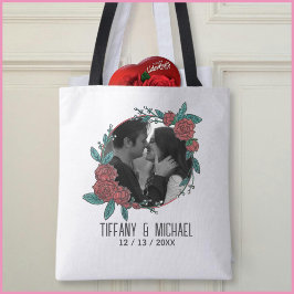 Cute Modern 1 Photo Couples Names Date Married Tote Bag