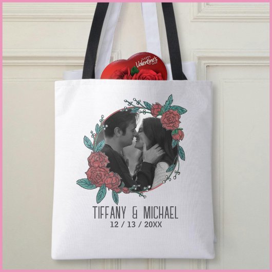 Cute Modern 1 Photo Couples Names Date Married Tote Bag