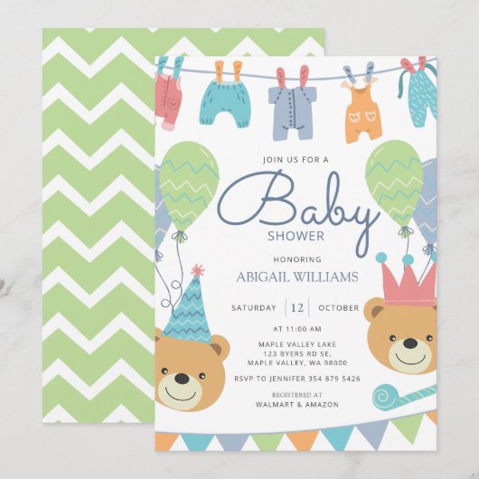 Cute Modern Beren & ballonnen - Baby shower Invita Kaart (Voorkant / Achterkant)