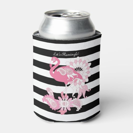 Cute Modern Black en White Stripe Pink Flamingo Blikjeskoeler (Blikje Voorkant)