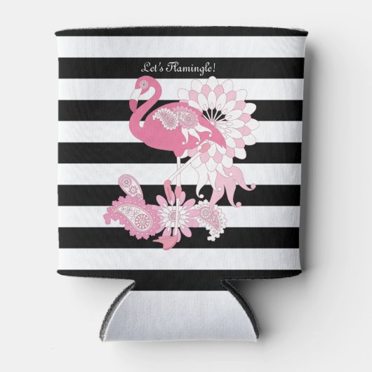 Cute Modern Black en White Stripe Pink Flamingo Blikjeskoeler (Voorkant)