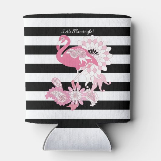 Cute Modern Black en White Stripe Pink Flamingo Blikjeskoeler (Achterkant)