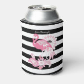 Cute Modern Black en White Stripe Pink Flamingo Blikjeskoeler (Blikje Achterkant)