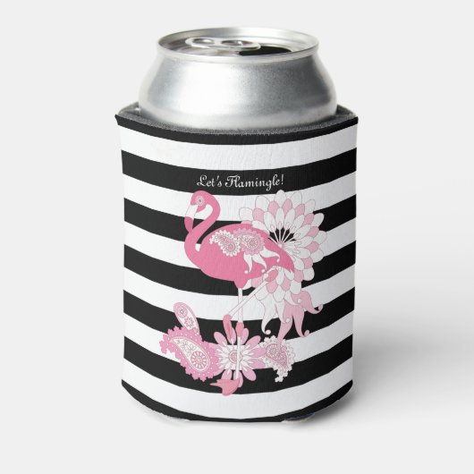 Cute Modern Black en White Stripe Pink Flamingo Blikjeskoeler (Blikje Achterkant)
