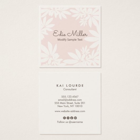 Cute Modern Bleek Roze Floral Script Font Vierkante Visitekaartjes (Voorkant /achterkant)