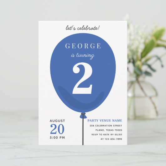 Cute Modern Blue Ballon Birthday - 2e verjaardag Kaart (Staand voorkant)