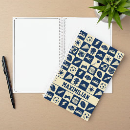 Cute Modern Blue Checkered Icons Pattern Boy's Fun Notitieboek