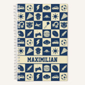 Cute Modern Blue Checkered Icons Pattern Boy's Fun Notitieboek (Voorkant)