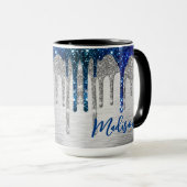 Cute modern Blue Glitter Driemonogram Mok (Voorkant rechts)