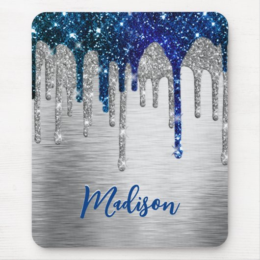 Cute modern Blue Glitter Driemonogram Muismat (Voorkant)