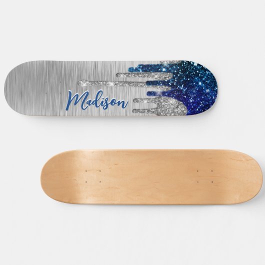 Cute modern Blue Glitter Driemonogram Persoonlijk Skateboard (Horizontaal)