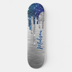 Cute modern Blue Glitter Driemonogram Persoonlijk Skateboard