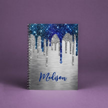 Cute modern Blue Glitter Drift monogram Notitieboe