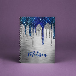 Cute modern Blue Glitter Drift monogram Notitieboe Notitieboek