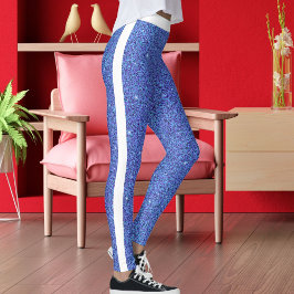 Cute Modern Blue Glitter Sparkles White Stripes Leggings