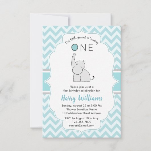 Cute Modern Blue White Elephant 1st Birthday Party Kaart (Voorkant)