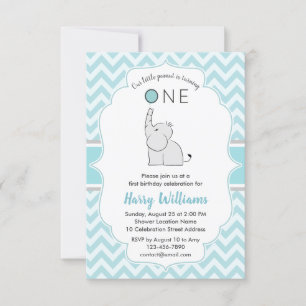 Cute Modern Blue White Elephant 1st Birthday Party Kaart