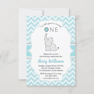 Cute Modern Blue White Elephant 1st Birthday Party Kaart
