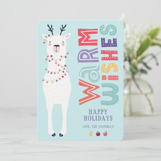 Cute Modern Cartoon Kerstmis Llama String Lights Feestdagenkaart (Staand voorkant)