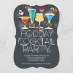 Cute Modern Chalkboard Holiday Cocktail Party Kaart<br><div class="desc">Die-Cut Holiday party-uitnodiging met hedendaags zwart bord met kerstcocktails geadorneerd met een snowman,  snoepriet,  kerstmanhoed en groene heilige met rode bessen.</div>