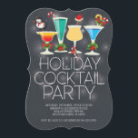 Cute Modern Chalkboard Holiday Cocktail Party Kaart<br><div class="desc">Die-Cut Holiday party-uitnodiging met hedendaags zwart bord met kerstcocktails geadorneerd met een snowman,  snoepriet,  kerstmanhoed en groene heilige met rode bessen.</div>