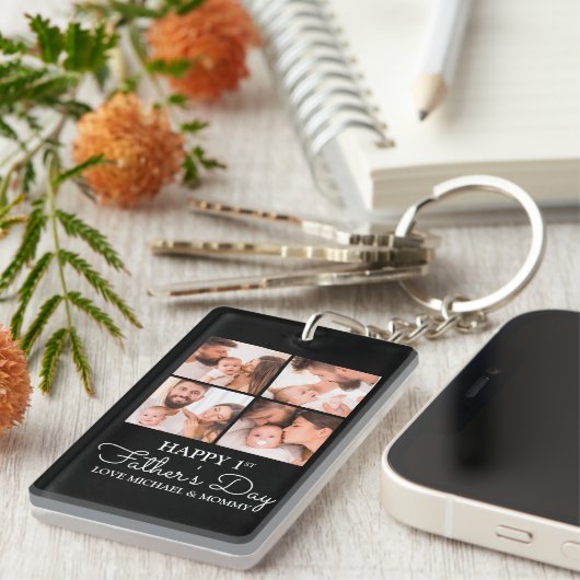 Cute Modern Collage Happy First Fathers Day Sleutelhanger (Voorkant Rechts)