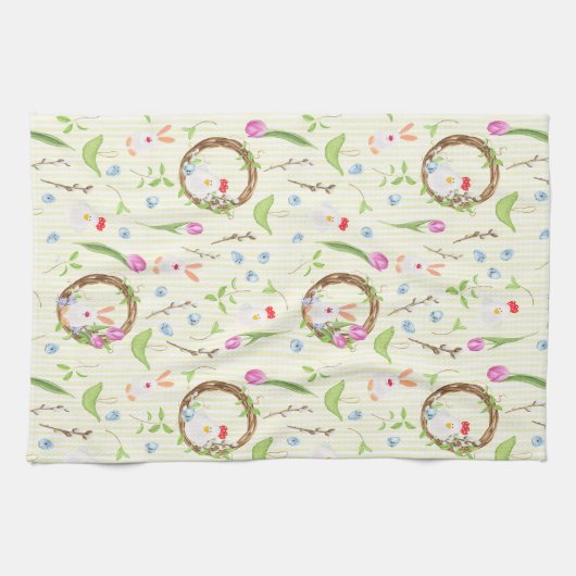 Cute Modern Easter Bunny Chick Floral Pattern Theedoek (Horizontaal)