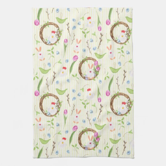 Cute Modern Easter Bunny Chick Floral Pattern Theedoek (Verticaal)